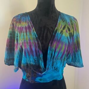 Tie-Dye V-Neck Women's Top in Teal & Purple